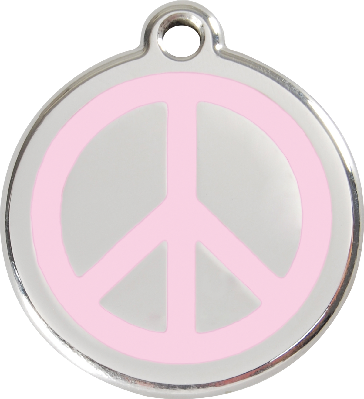 Stainless steel dog ID tag with pink peace sign enamel