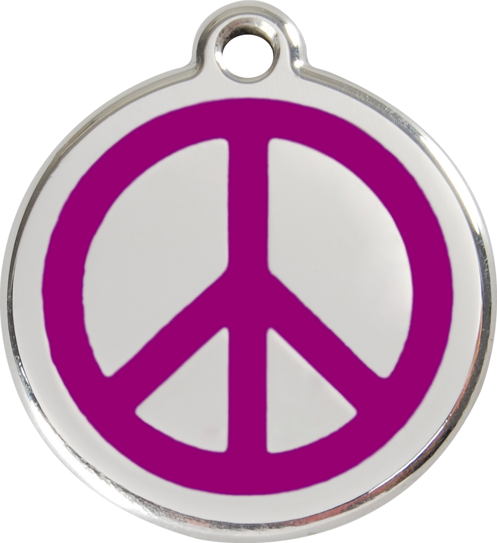 Stainless steel dog ID tag with purple peace sign enamel