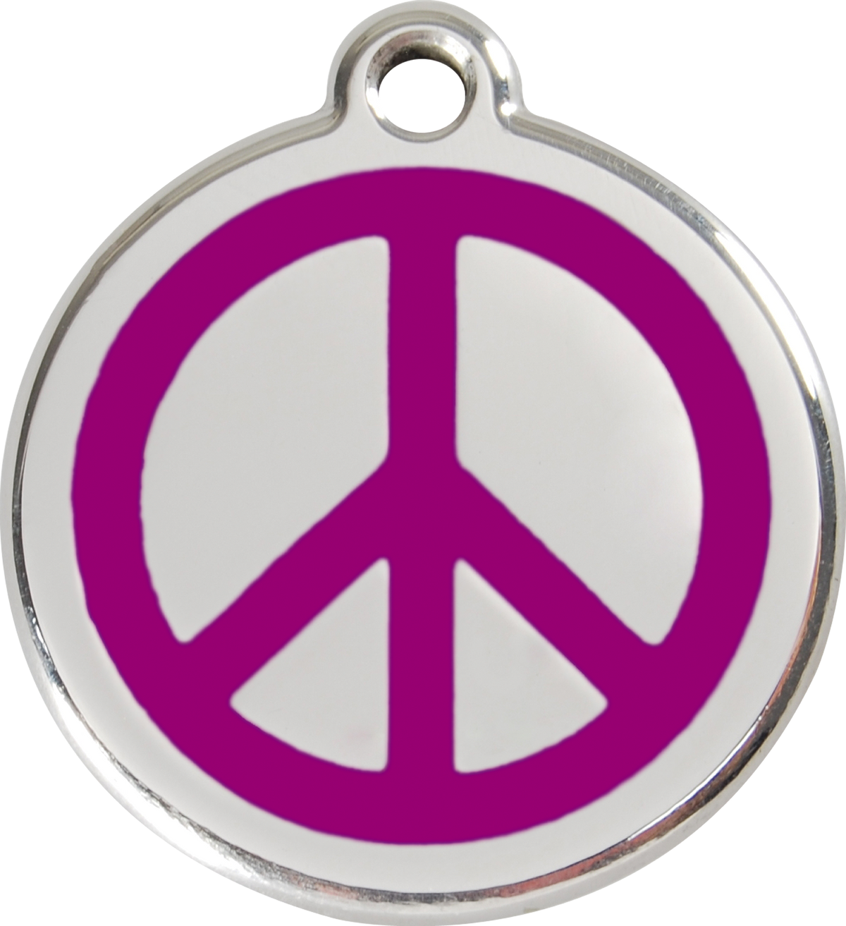 Stainless steel dog ID tag with purple peace sign enamel