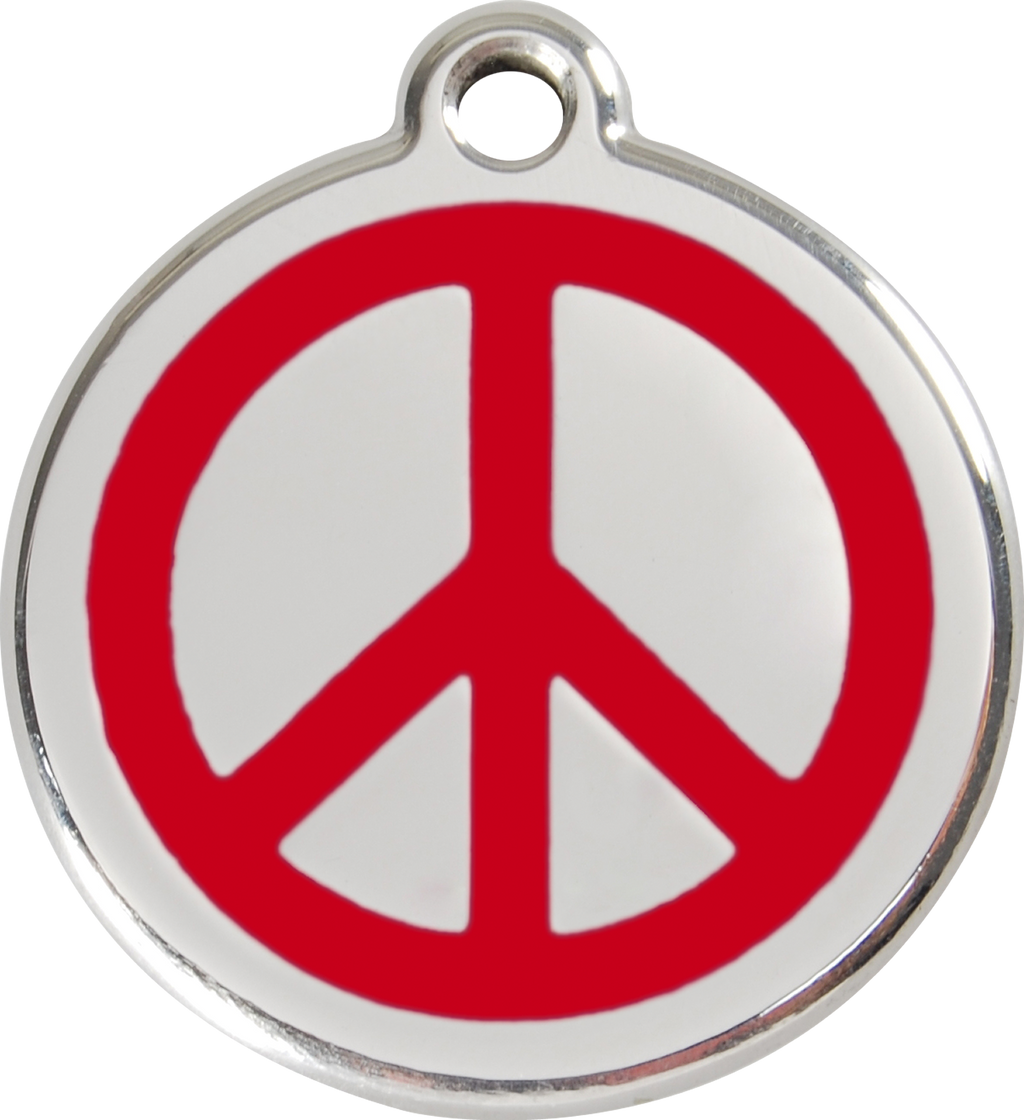 Stainless steel dog ID tag with red peace sign enamel