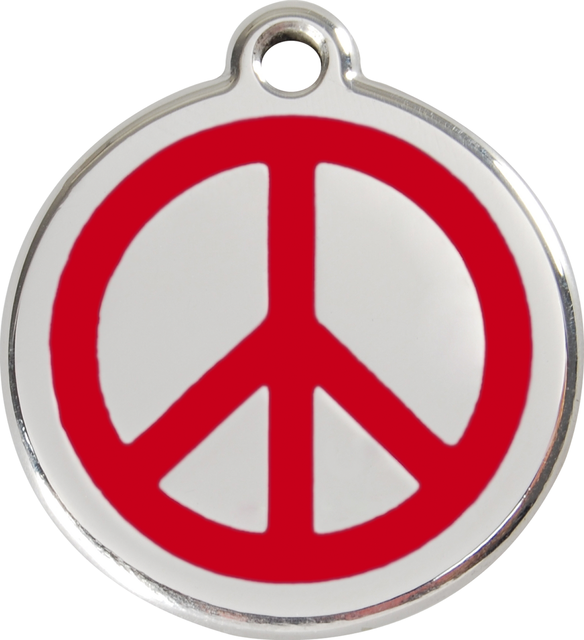 Stainless steel dog ID tag with red peace sign enamel