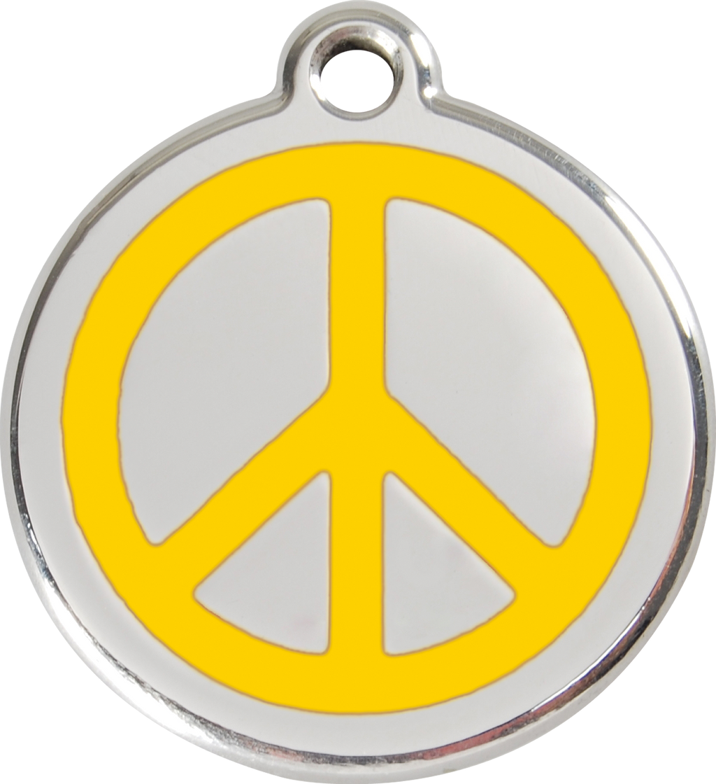 Red Dingo peace sign dog ID tag, yellow enamel center on steel ring