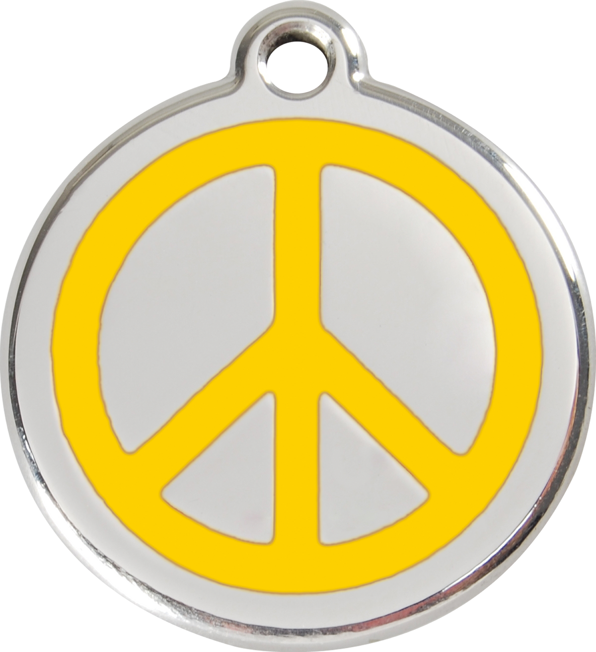 Red Dingo peace sign dog ID tag, yellow enamel center on steel ring