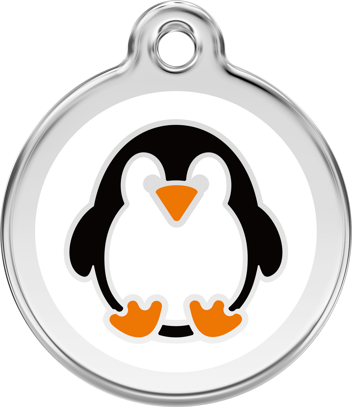 Stainless steel and enamel penguin dog ID tag with orange beak and feet illustration