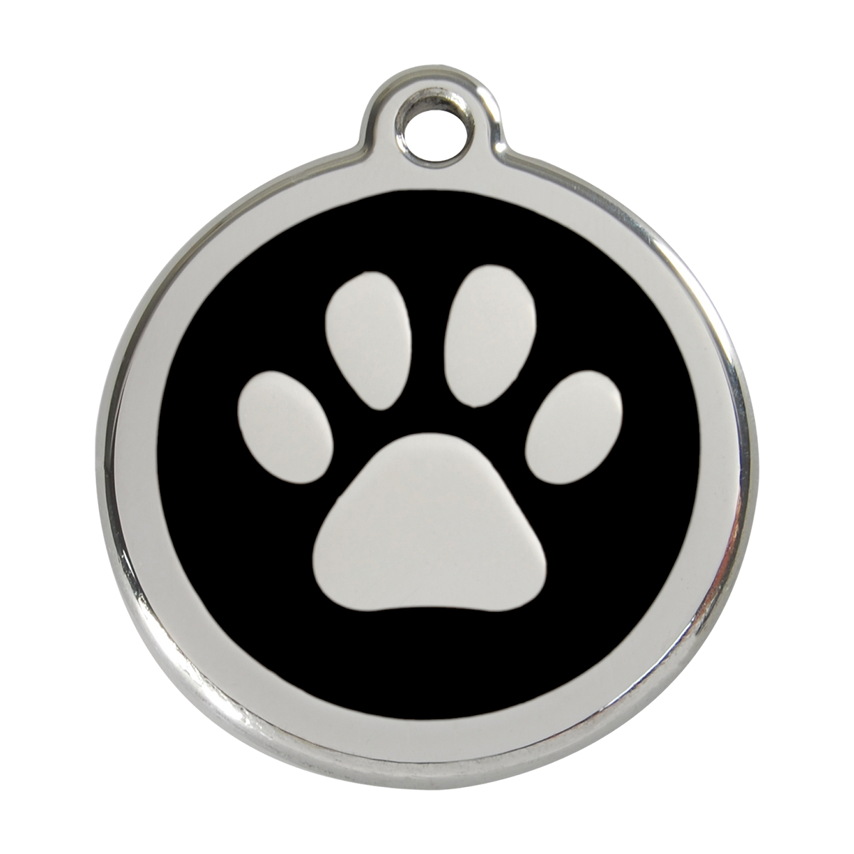 Stainless steel dog ID tag with black enamel and white paw print