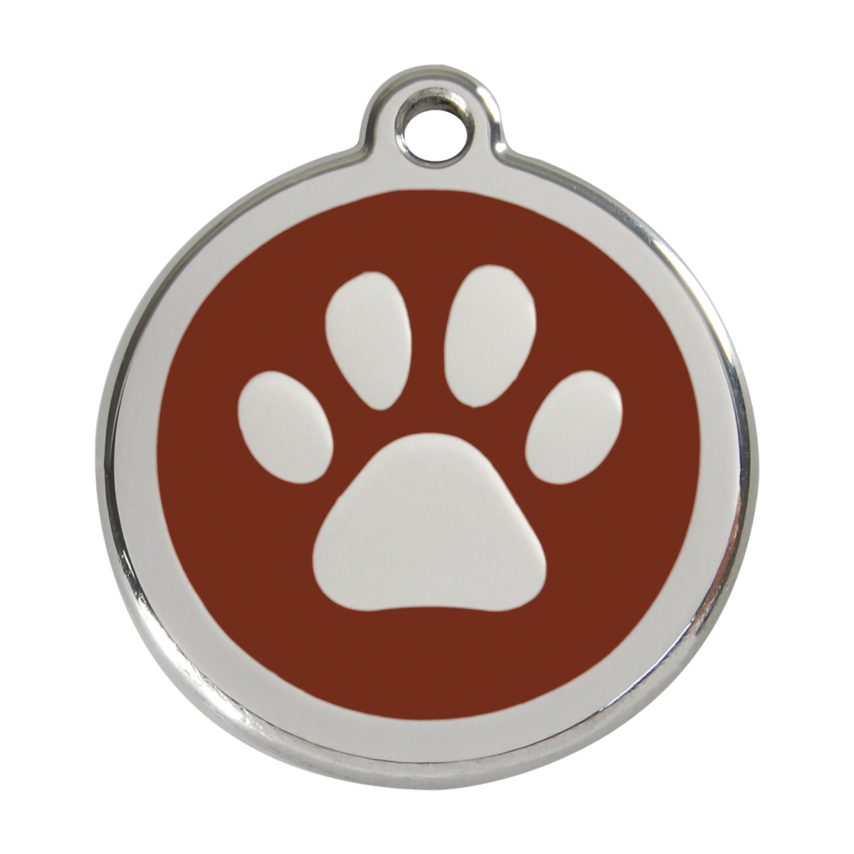 Stainless steel dog ID tag with brown enamel paw print