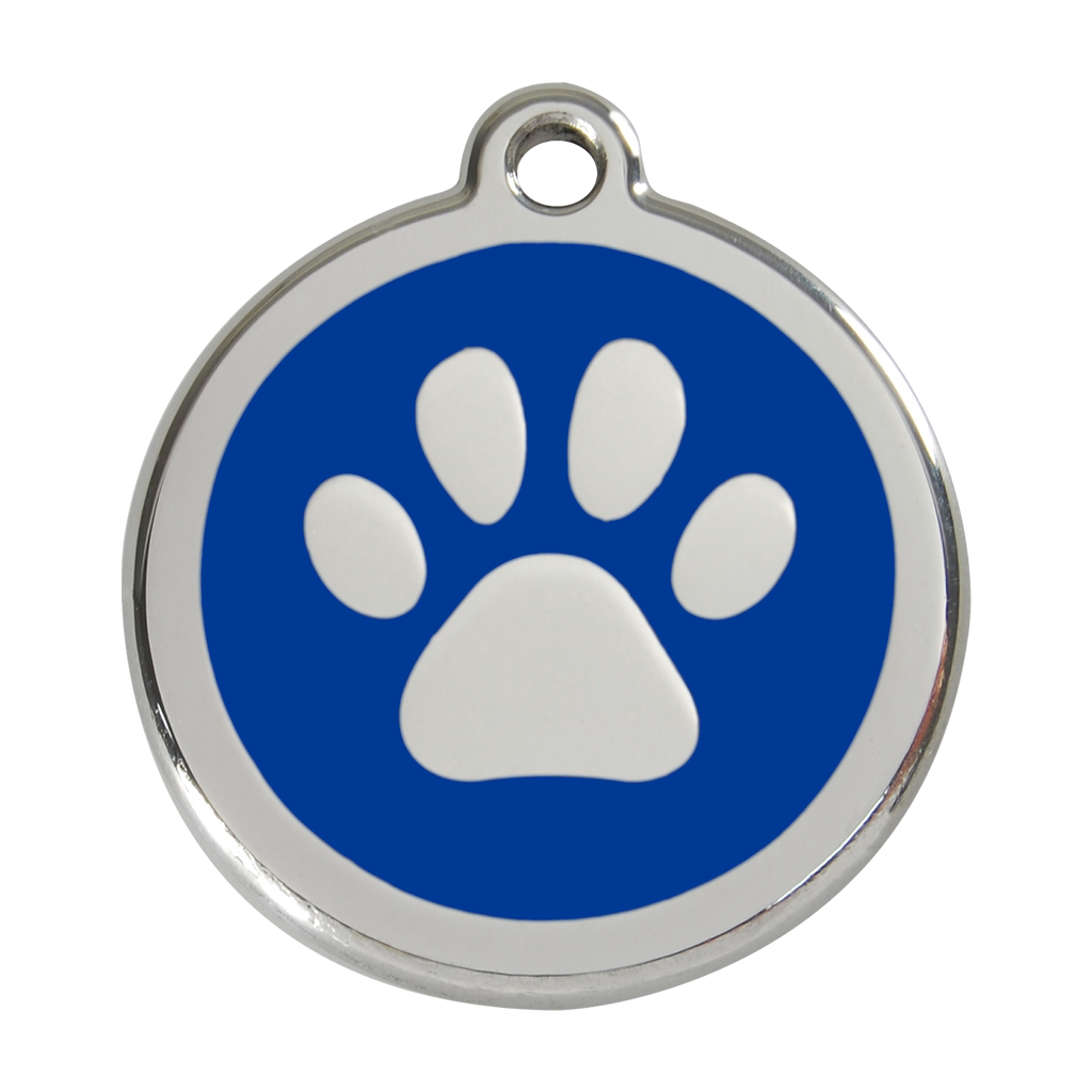 Stainless steel dog ID tag with blue enamel paw print