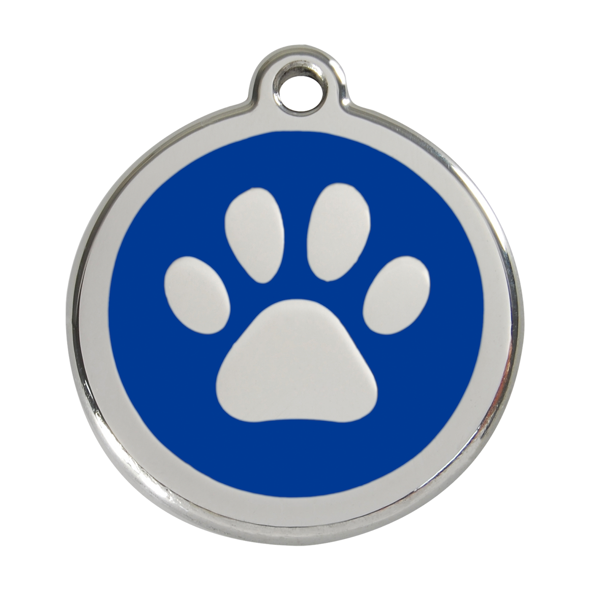 Stainless steel dog ID tag with blue enamel paw print