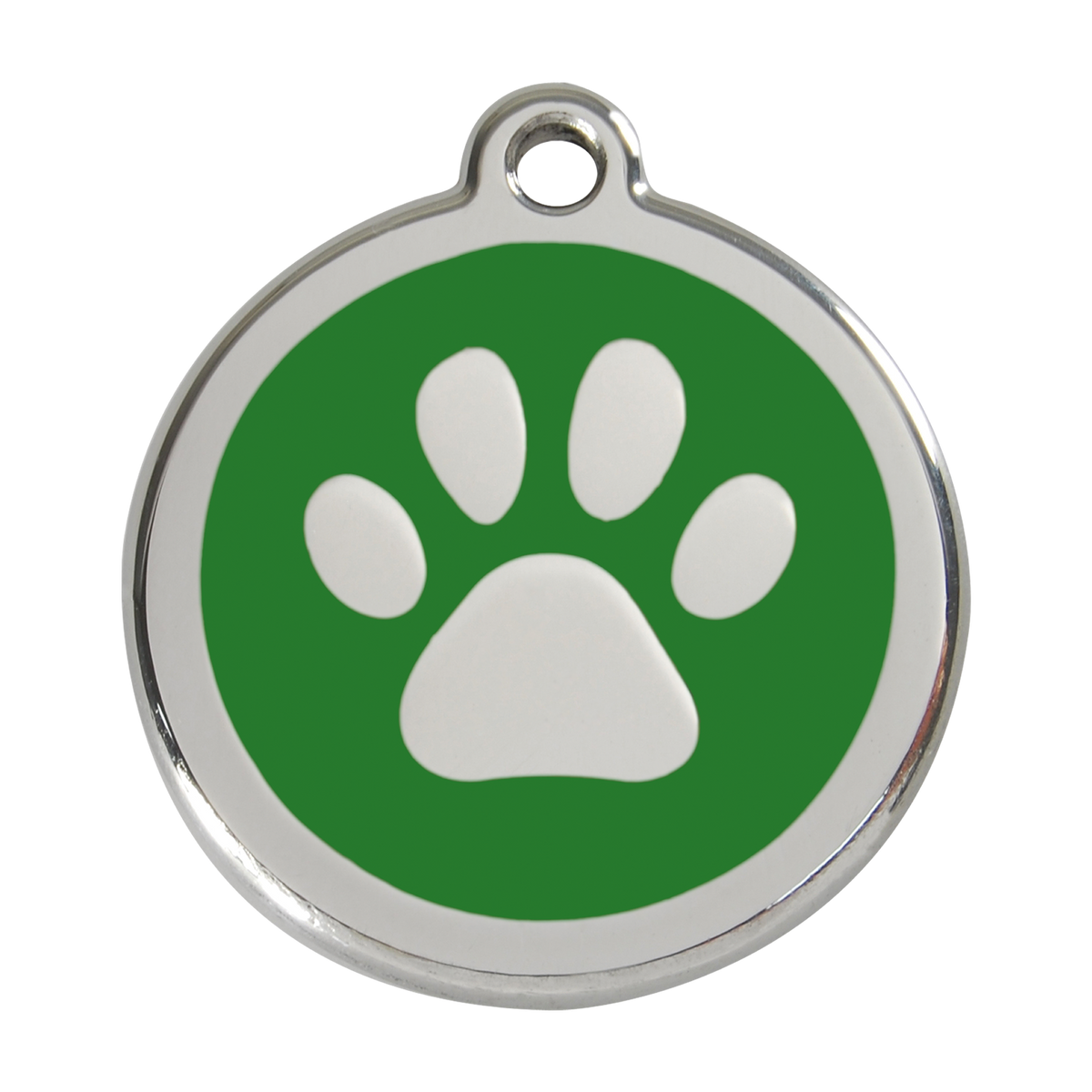 Stainless steel dog ID tag with green enamel paw print