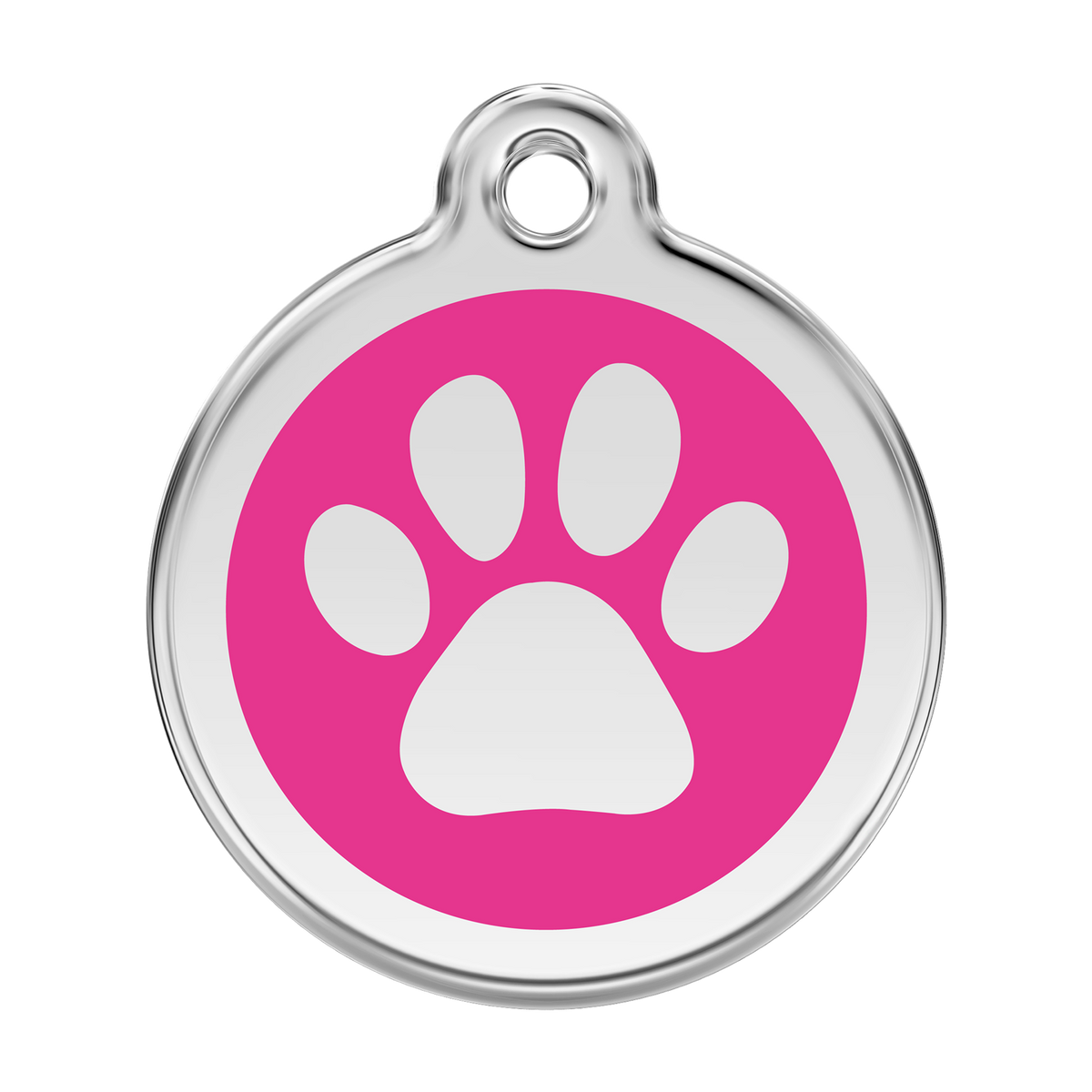 Stainless steel dog ID tag with hot pink enamel paw print
