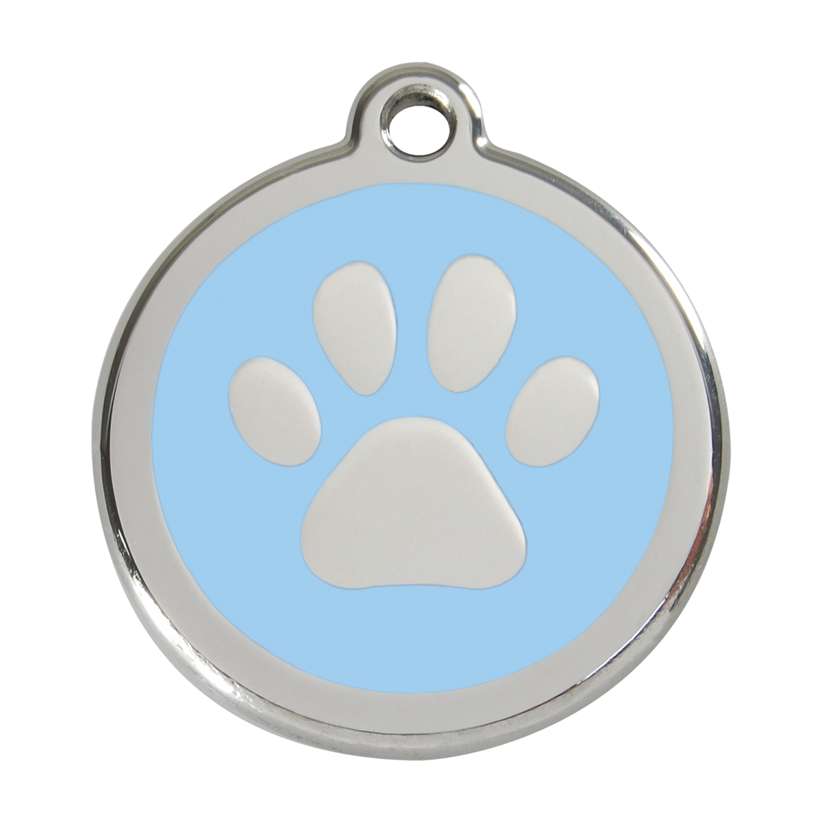 Stainless steel dog ID tag with light blue enamel paw print