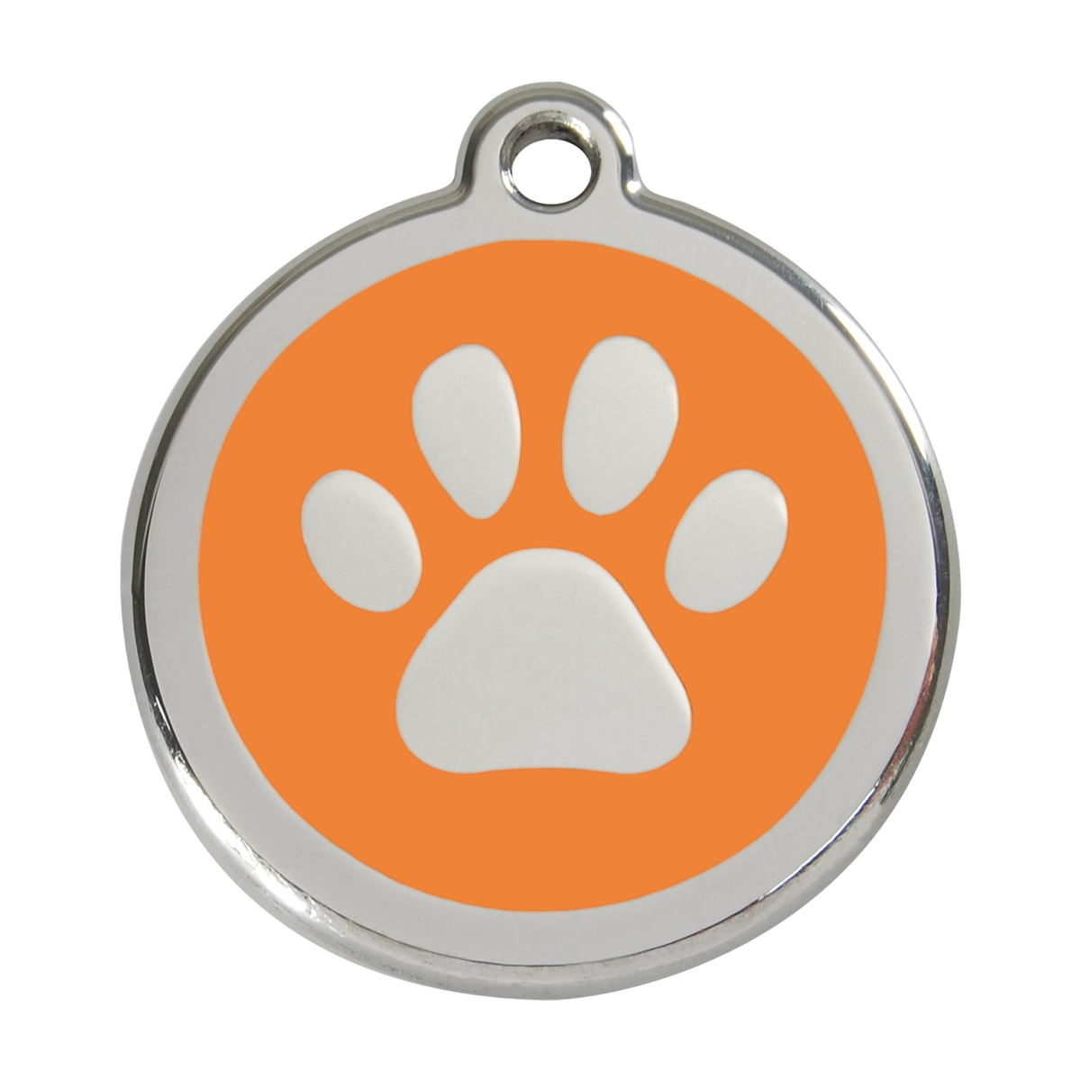 Stainless steel dog ID tag with orange enamel paw print