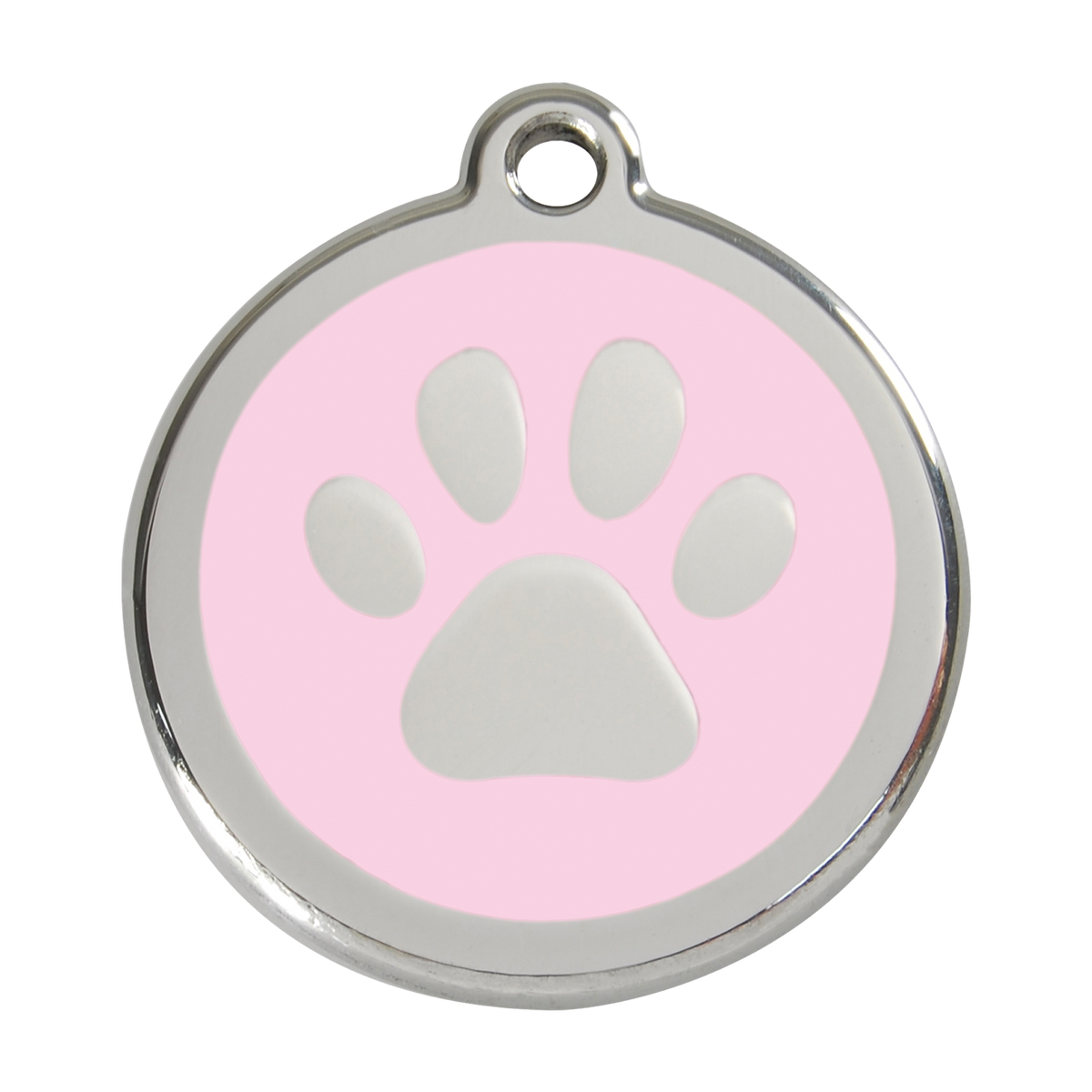 Stainless steel dog ID tag with light pink enamel paw print