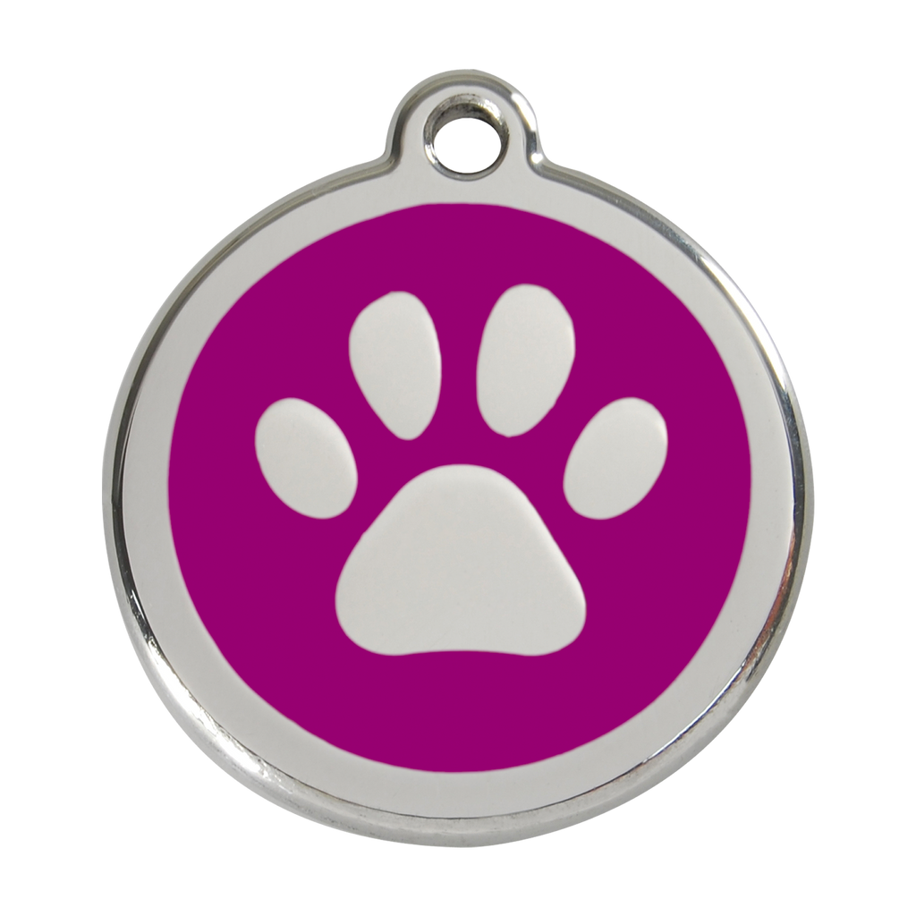 Stainless steel dog ID tag with purple enamel paw print