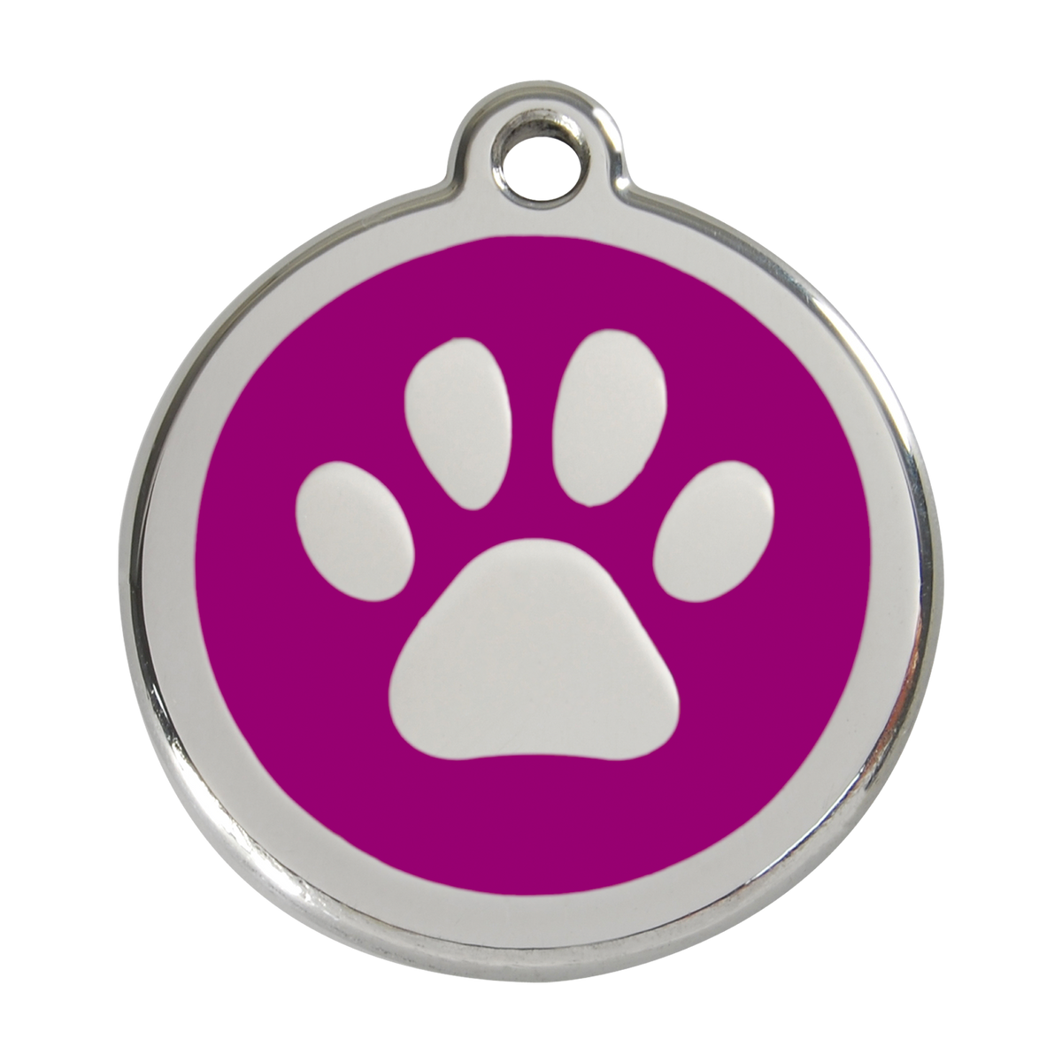 Stainless steel dog ID tag with purple enamel paw print