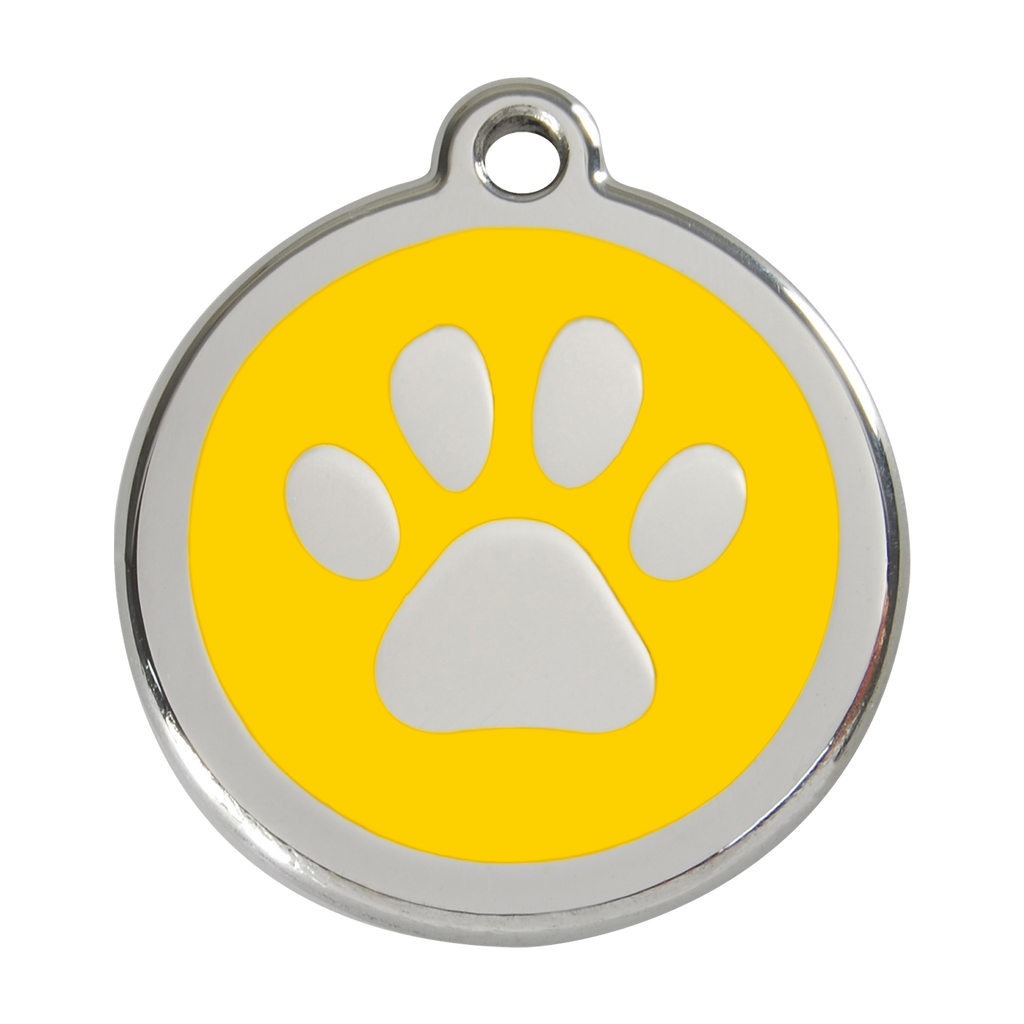 Stainless steel dog ID tag with yellow enamel paw print