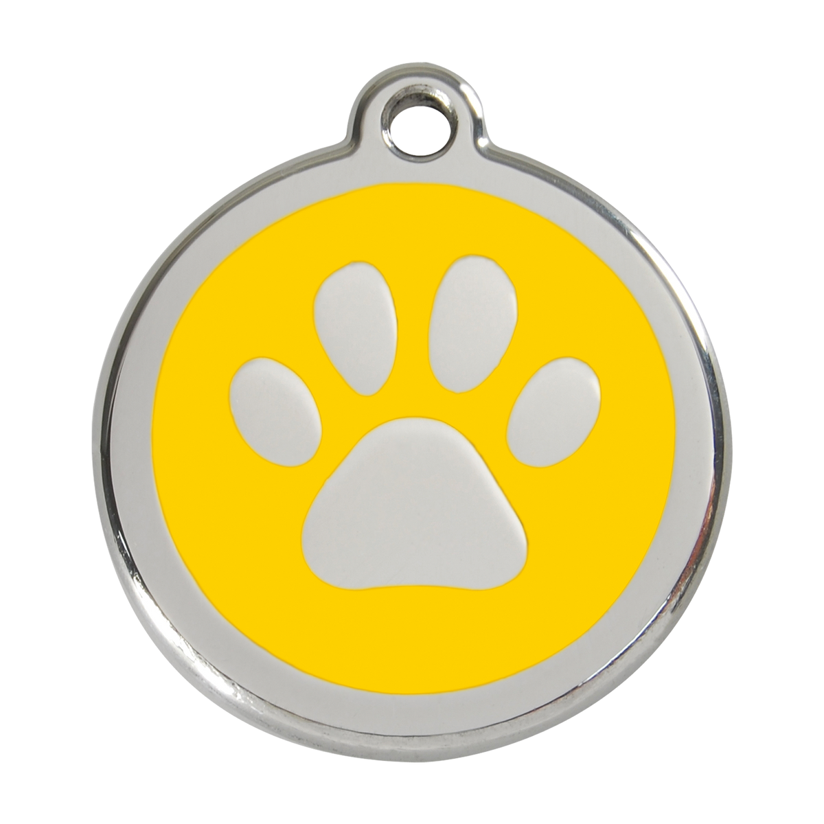 Stainless steel dog ID tag with yellow enamel paw print