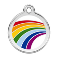 Round stainless steel dog ID tag with rainbow enamel stripes and hanging loop