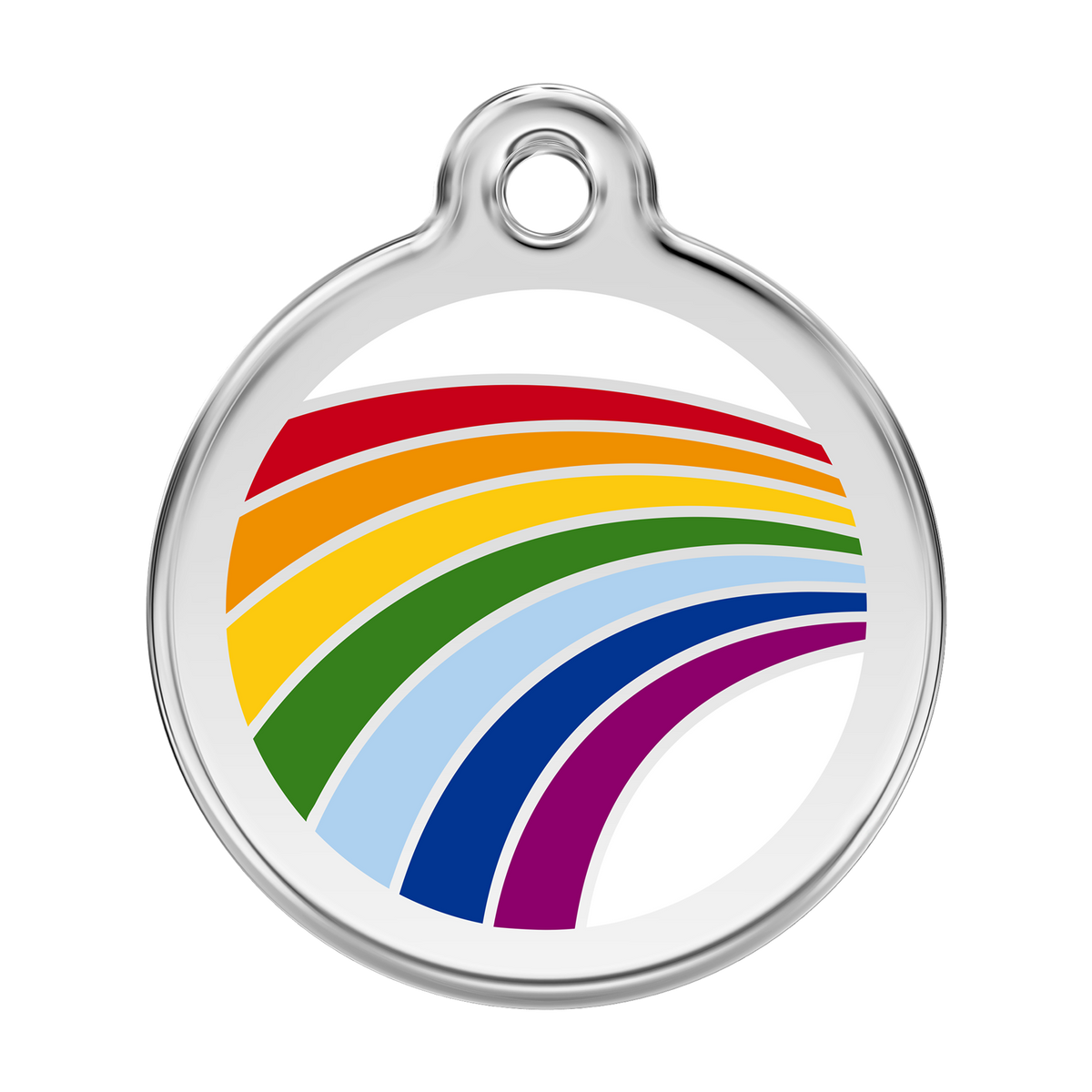 Round stainless steel dog ID tag with rainbow enamel stripes and hanging loop