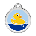 Red Dingo stainless steel dog ID tag with duck enamel design, blue and yellow