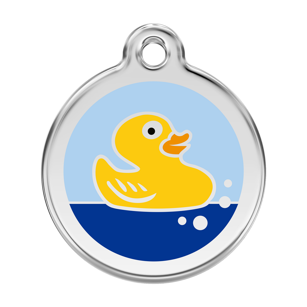 Red Dingo stainless steel dog ID tag with duck enamel design, blue and yellow