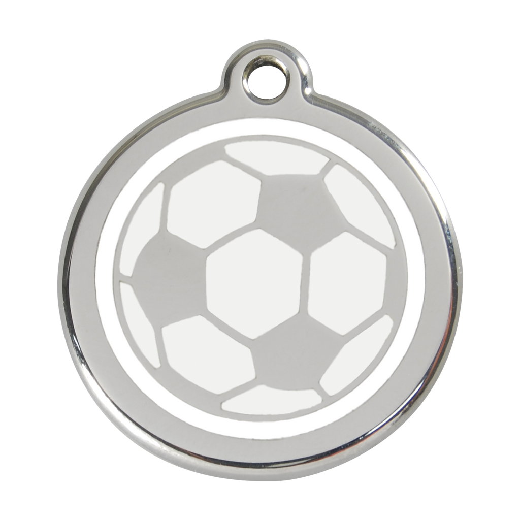 Stainless steel dog ID tag with soccer ball enamel design and top hanging hole