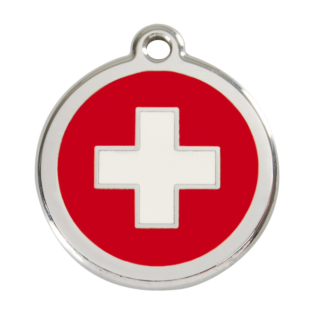 Stainless steel dog ID tag with red enamel face and white Swiss cross, round
