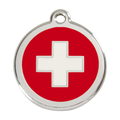 Stainless steel dog ID tag with red enamel face and white Swiss cross, round