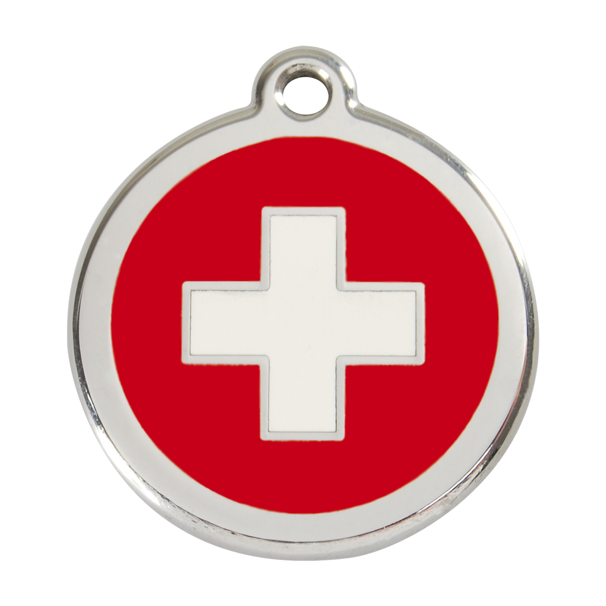 Stainless steel dog ID tag with red enamel face and white Swiss cross, round