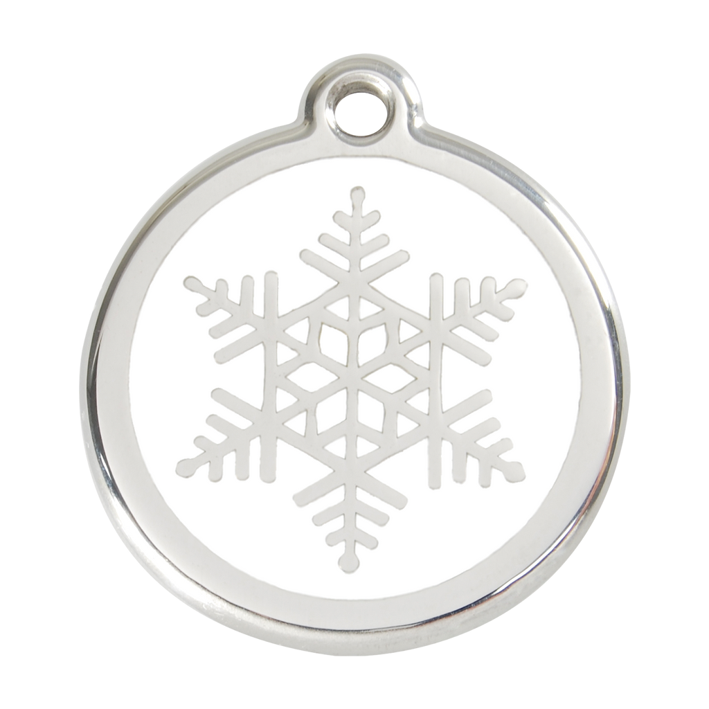 Round stainless steel dog ID tag with white enamel snowflake detail