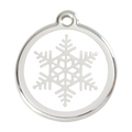 Round stainless steel dog ID tag with white enamel snowflake detail