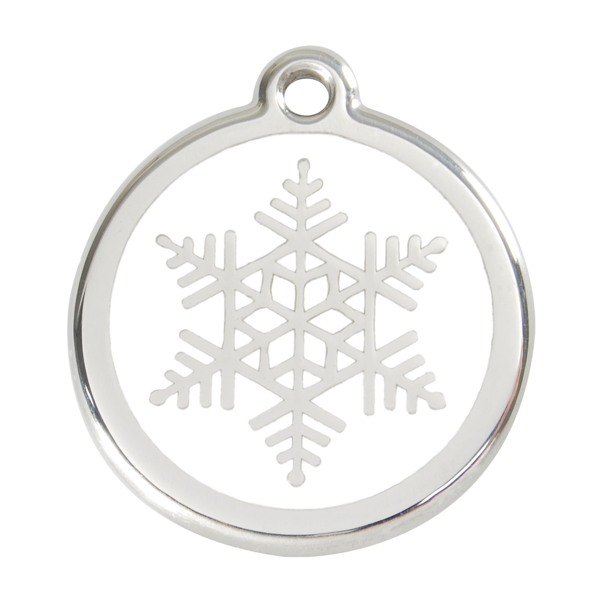 Round stainless steel dog ID tag with white enamel snowflake detail