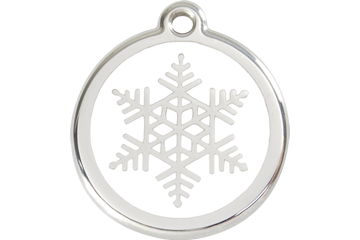 Round stainless steel dog ID tag with small white enamel snowflake and loop
