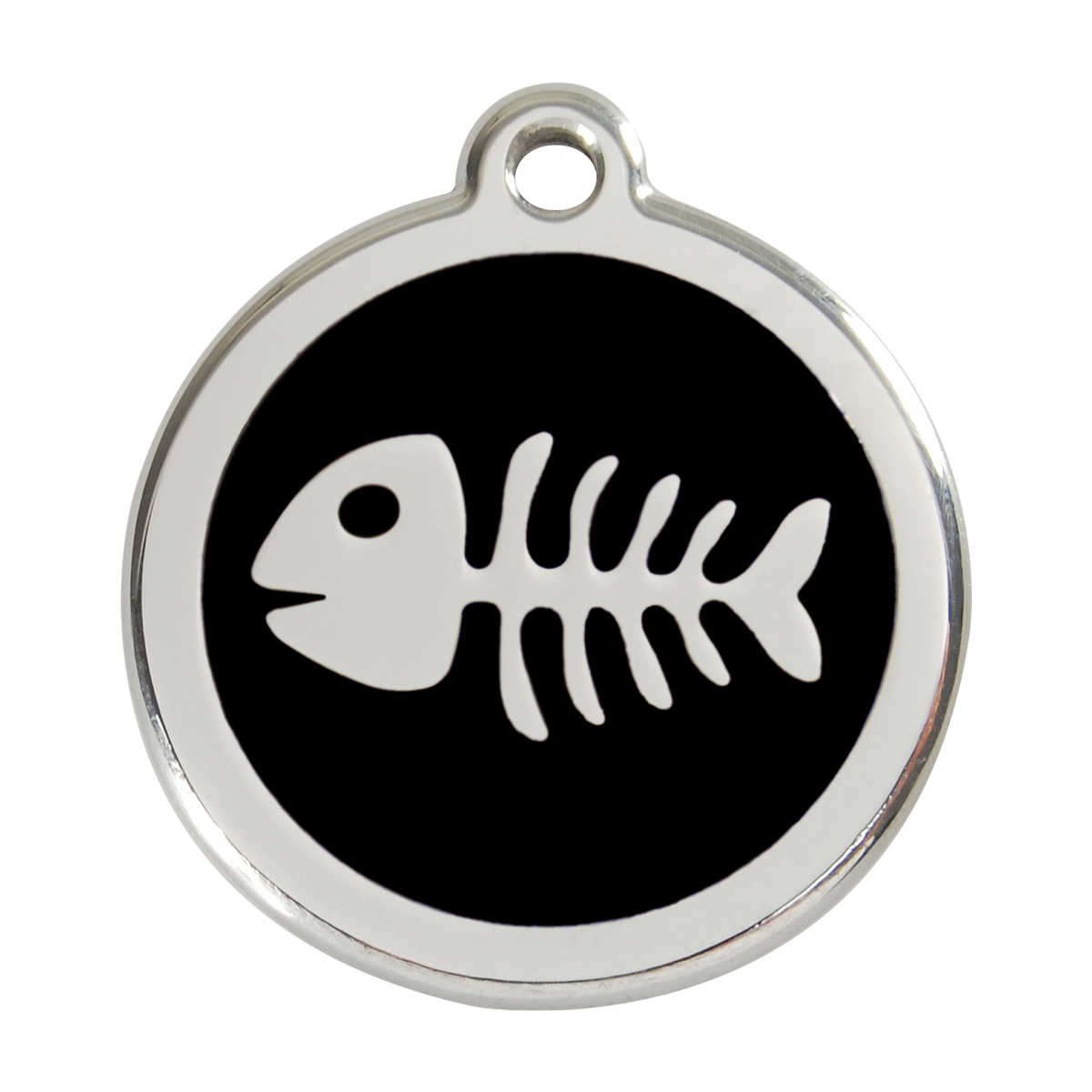 Black fish-bone pet ID tag in stainless steel with enamel animal logo