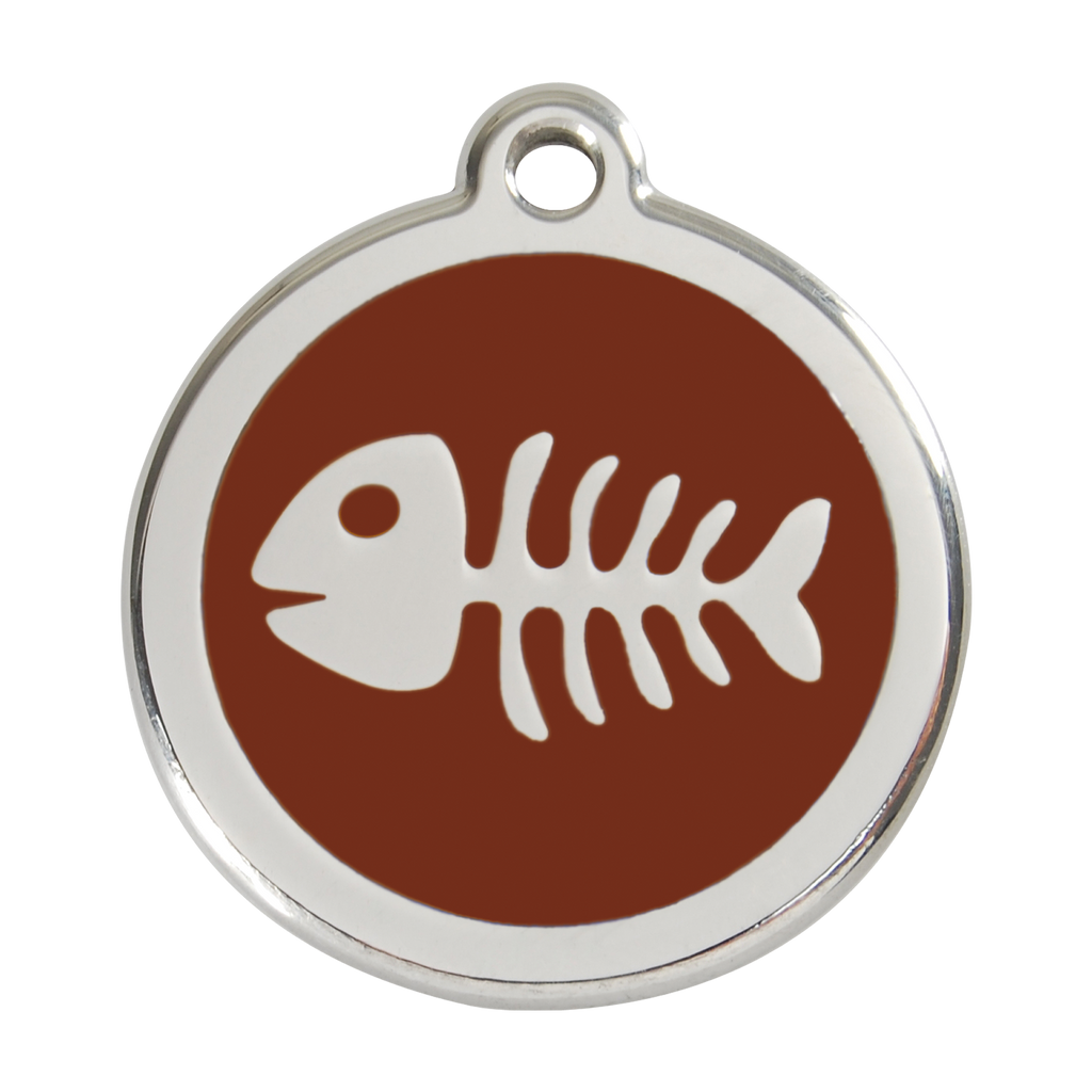 Brown fish-bone pet ID tag in stainless steel with enamel animal logo