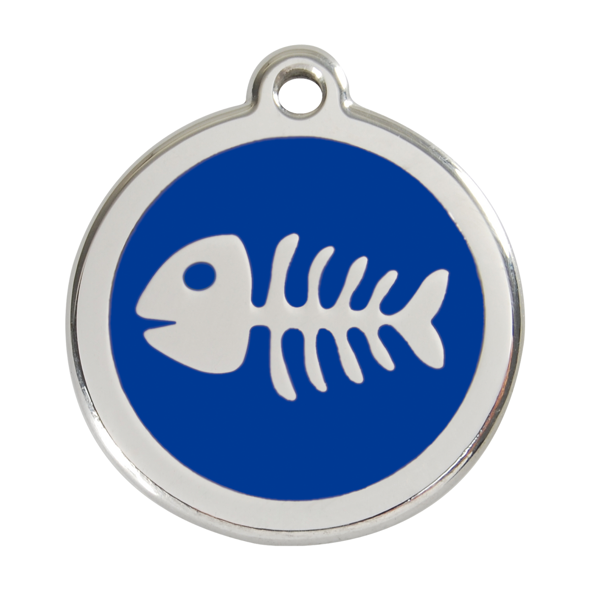 Dark blue fish-bone pet ID tag in stainless steel with enamel animal logo