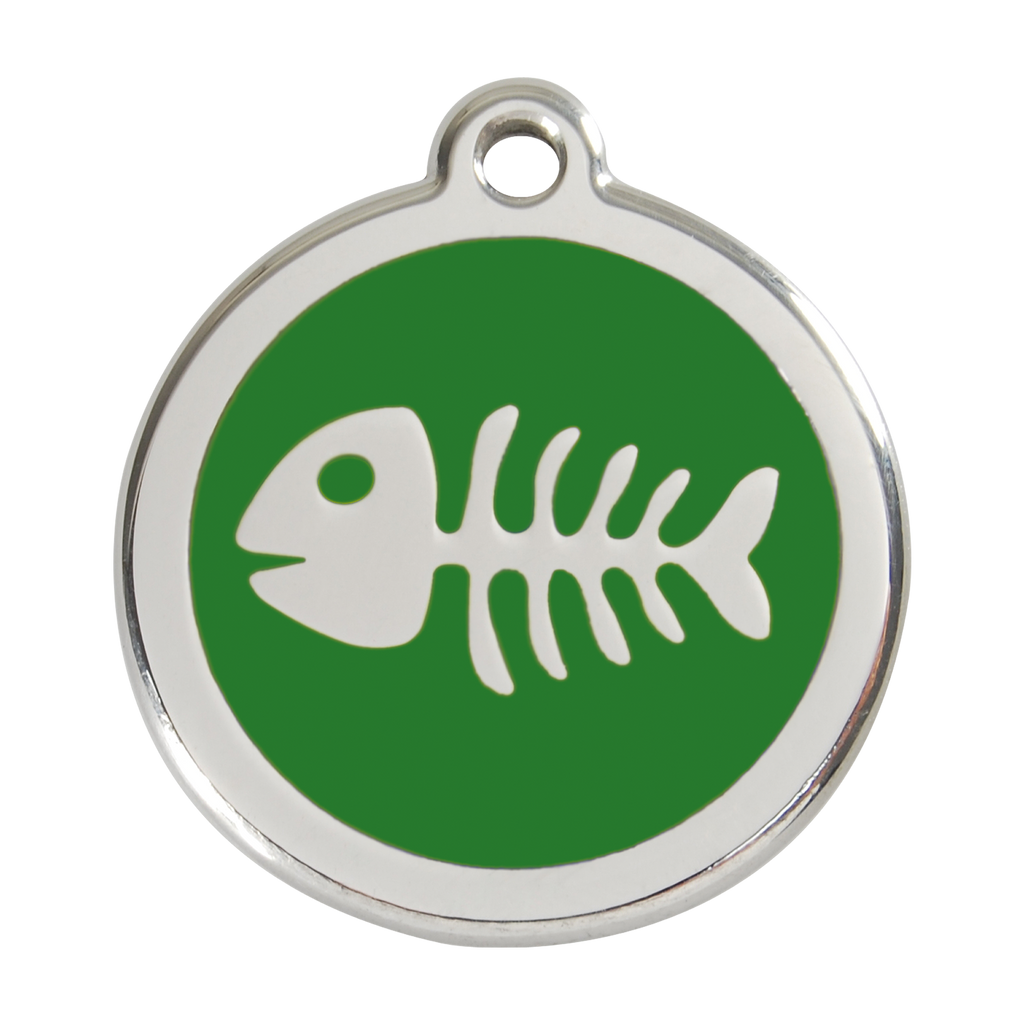 Green fish-bone pet ID tag in stainless steel with enamel animal logo