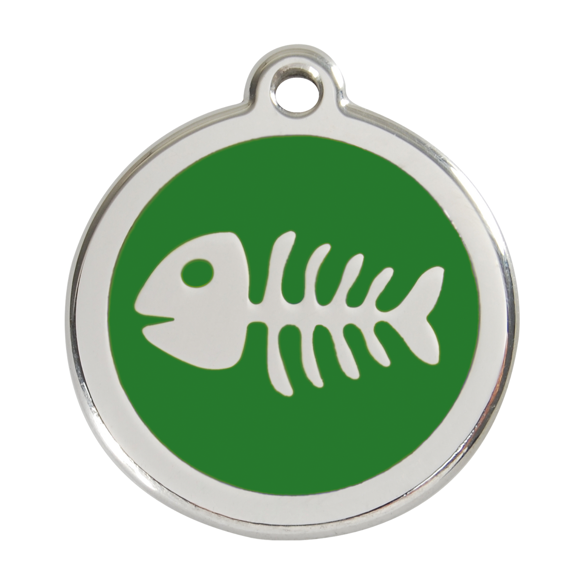 Green fish-bone pet ID tag in stainless steel with enamel animal logo