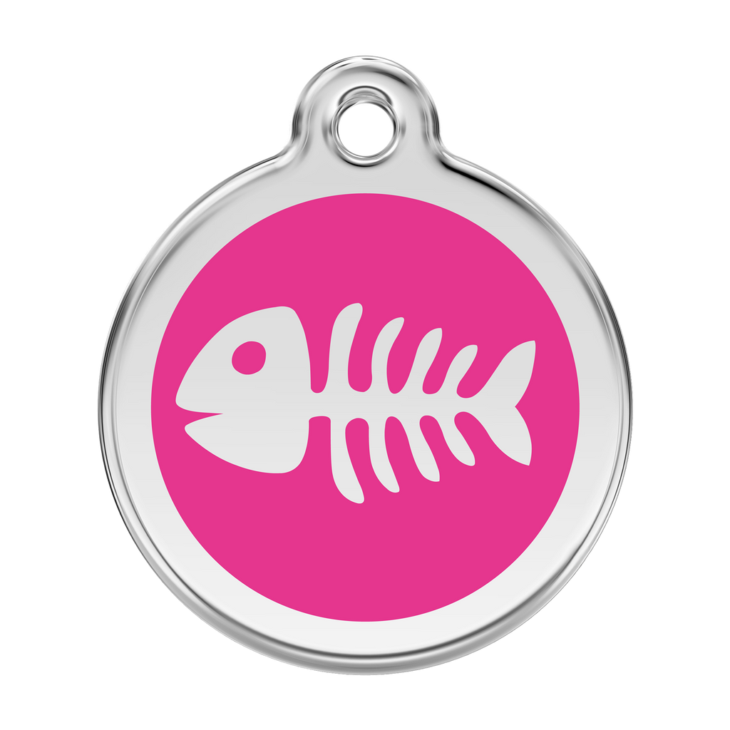 Hot pink fish-bone pet ID tag in stainless steel with enamel animal logo