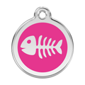 Hot pink fish-bone pet ID tag in stainless steel with enamel animal logo