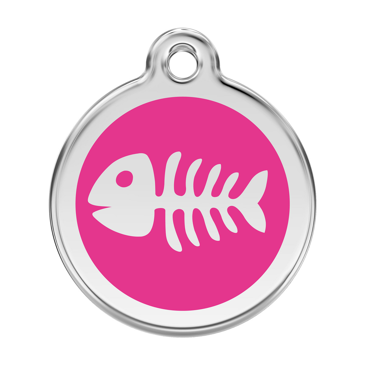 Hot pink fish-bone pet ID tag in stainless steel with enamel animal logo