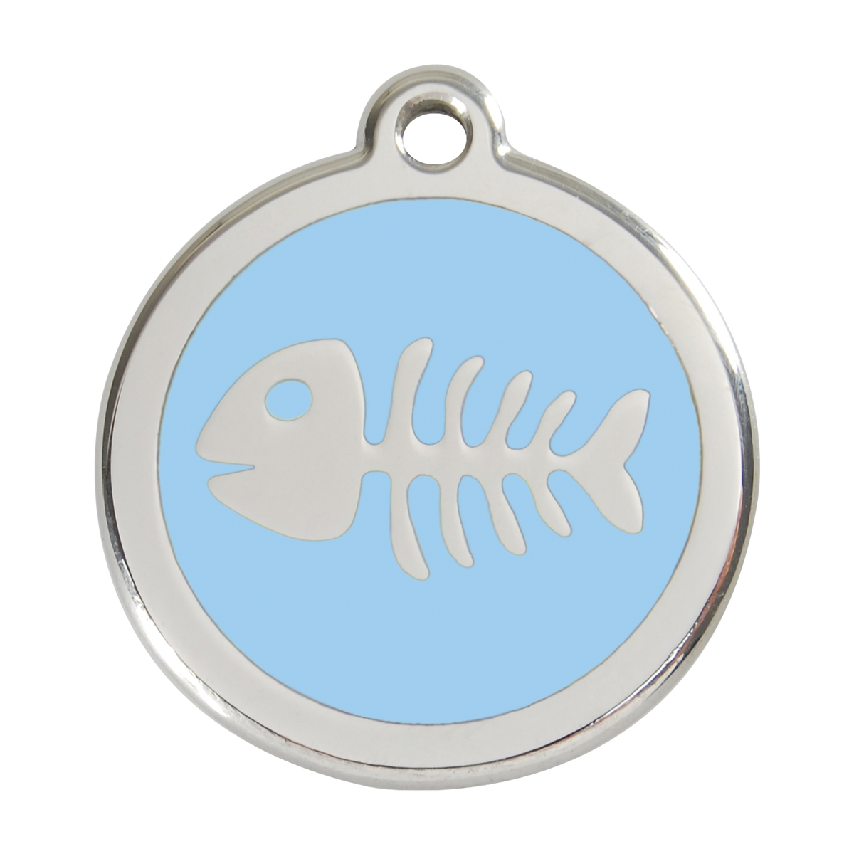 Light blue fish-bone pet ID tag in stainless steel with enamel animal logo