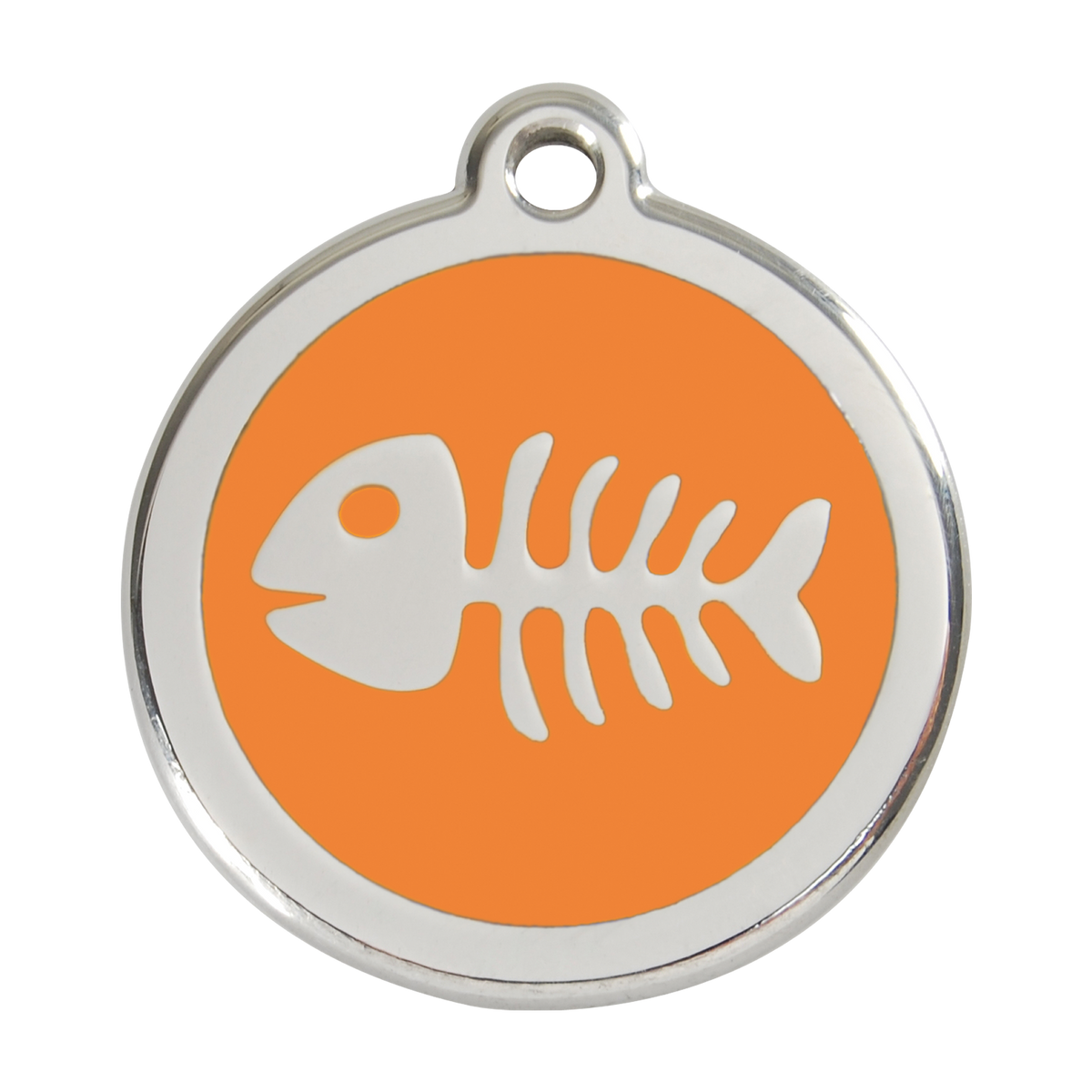 Orange fish-bone pet ID tag in stainless steel with enamel animal logo