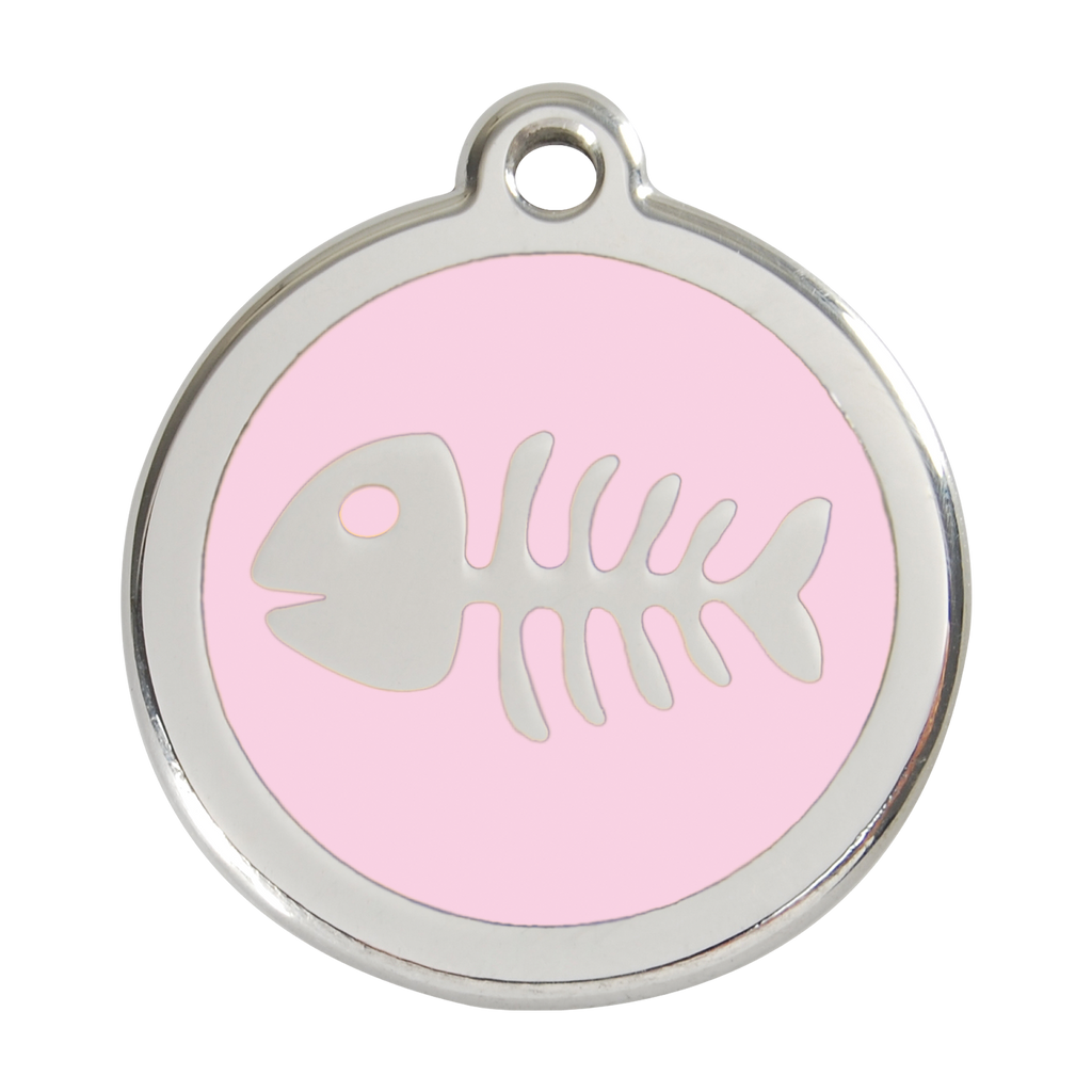 Light pink fish-bone pet ID tag in stainless steel with enamel animal logo
