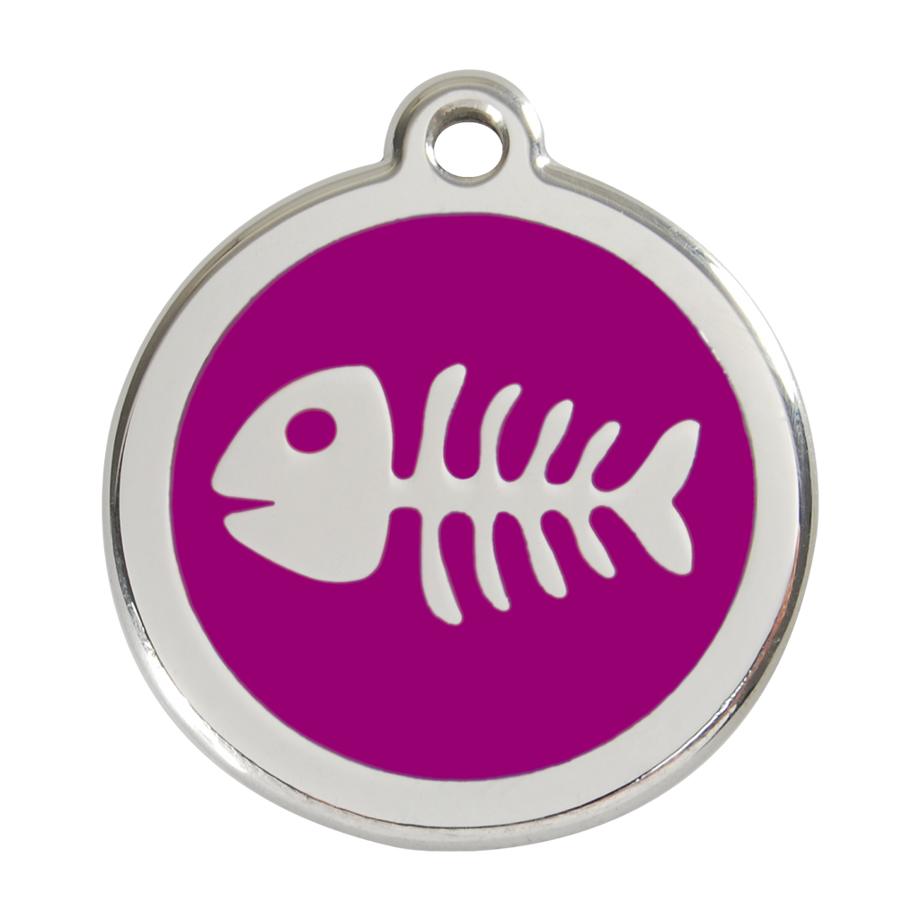 Purple fish-bone pet ID tag in stainless steel with enamel animal logo