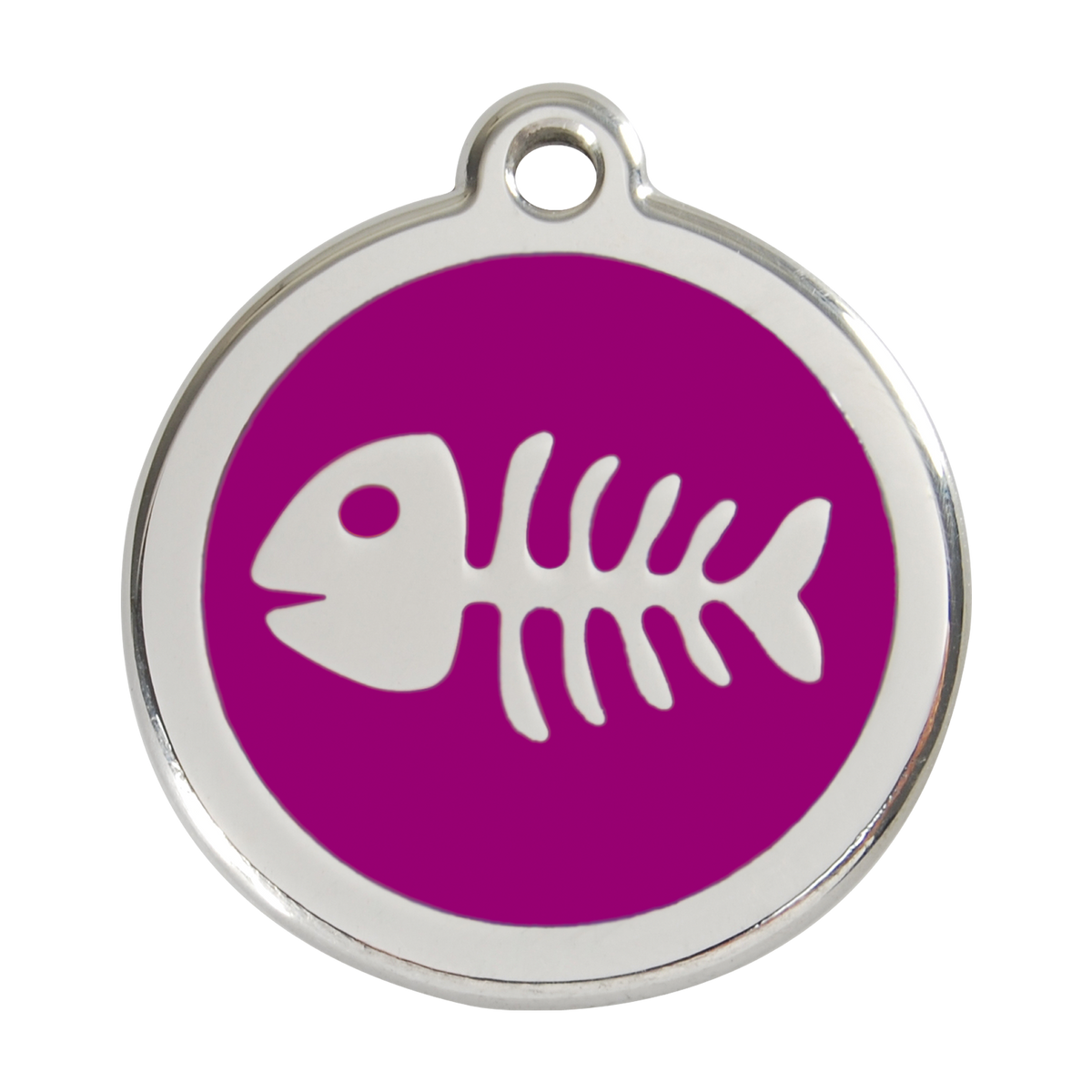 Purple fish-bone pet ID tag in stainless steel with enamel animal logo
