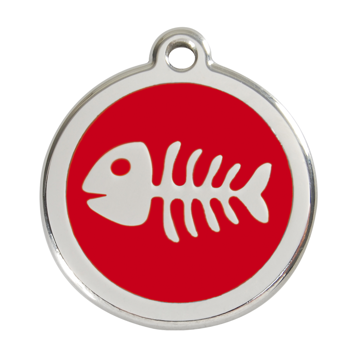 Red fish-bone pet ID tag in stainless steel with enamel animal logo