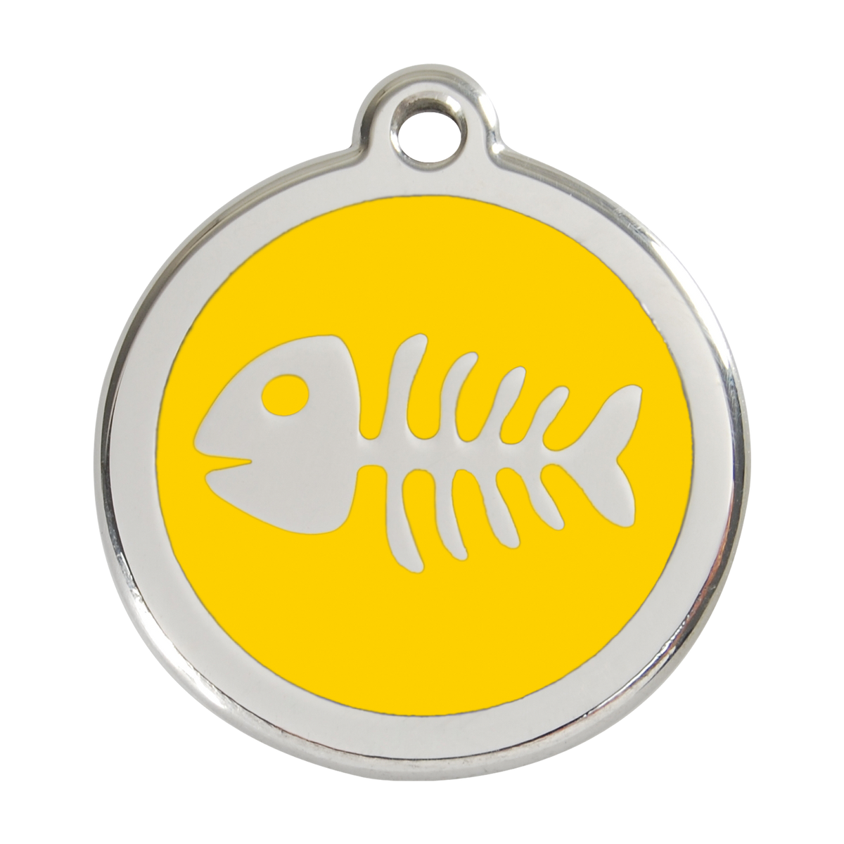 Fish bone pet ID tag with yellow enamel insert and stainless steel border