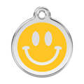 Stainless steel dog ID tag with yellow enamel smiley face