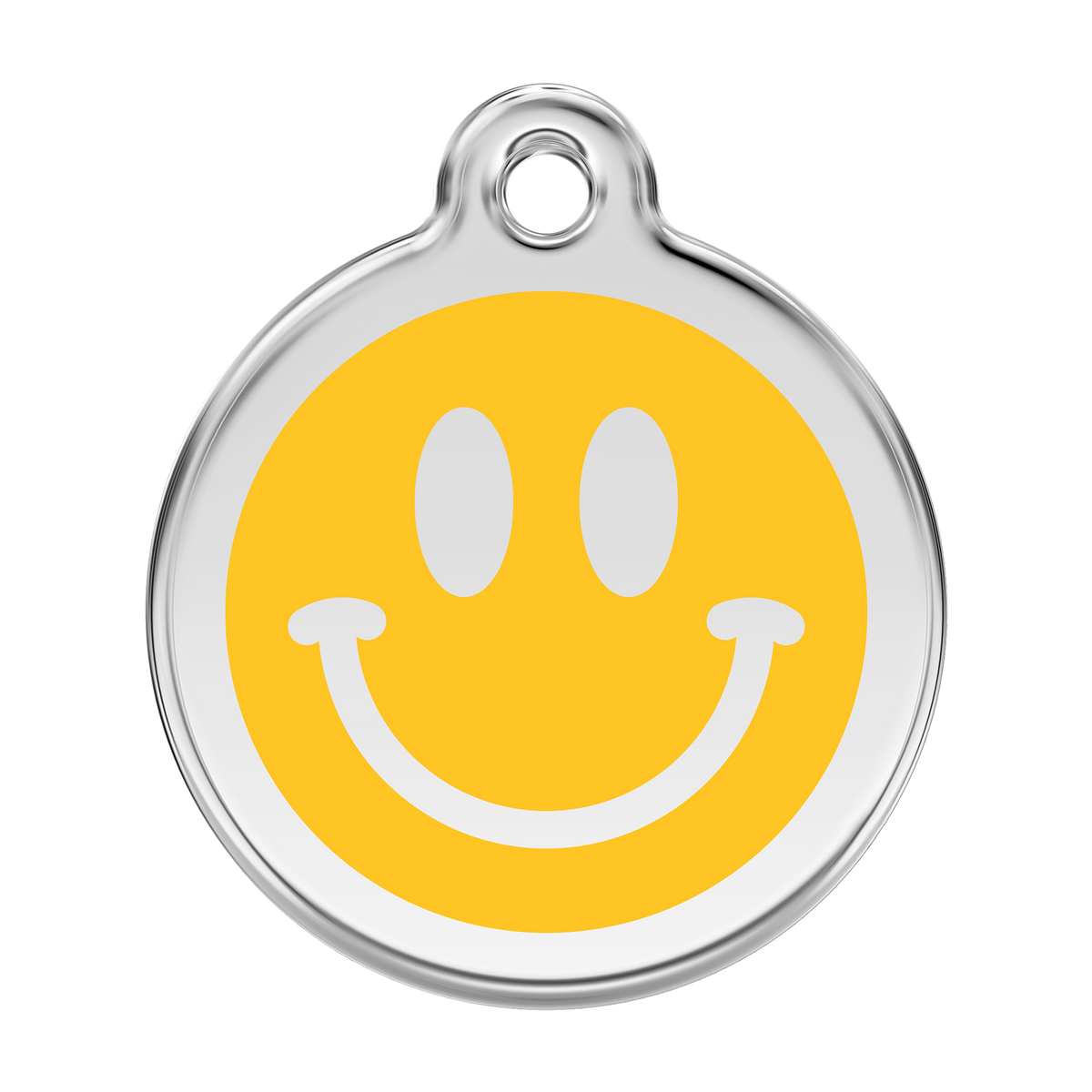 Stainless steel dog ID tag with yellow enamel smiley face